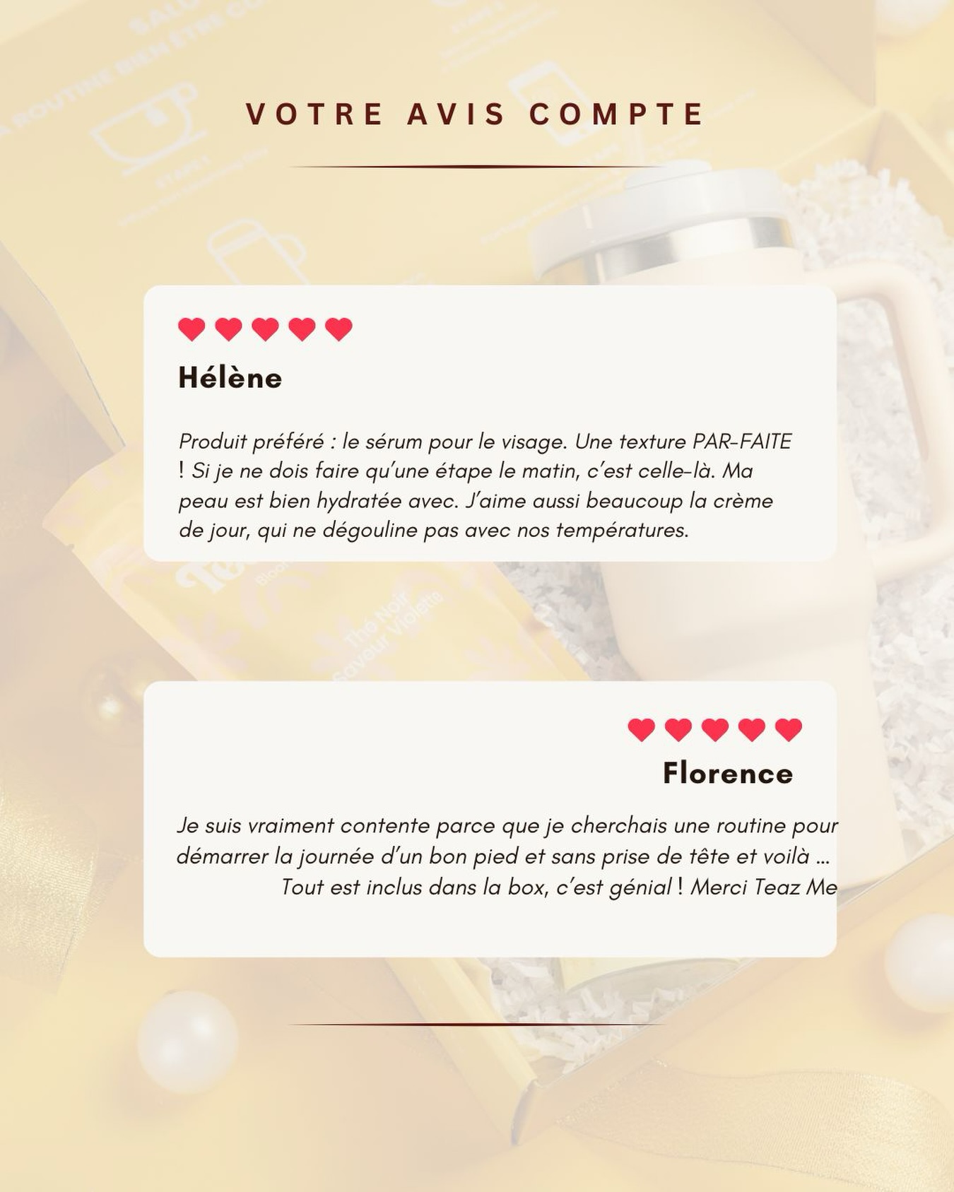 Avis cliente sur la routine et produits Teaz my morning:
- texture du sérum et de la crème validée 
- peau Hydratée sans effort 
- routine facile à réalisée et clé en main 

As tu déjà testé les produits @teazme.officiel ?